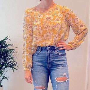 Sheer long sleeve yellow floral top - medium